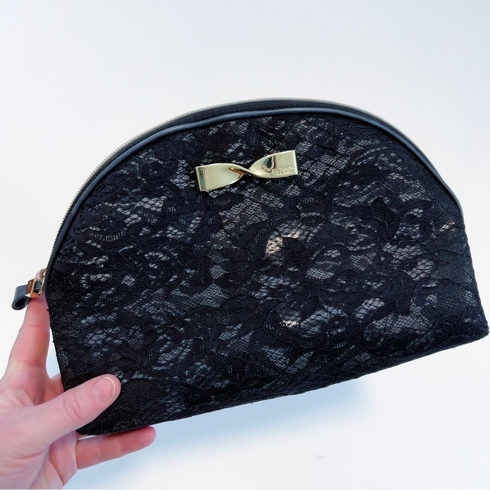 [Victoria's Secret] Black Lace Gold Bow Cosmetic Bag